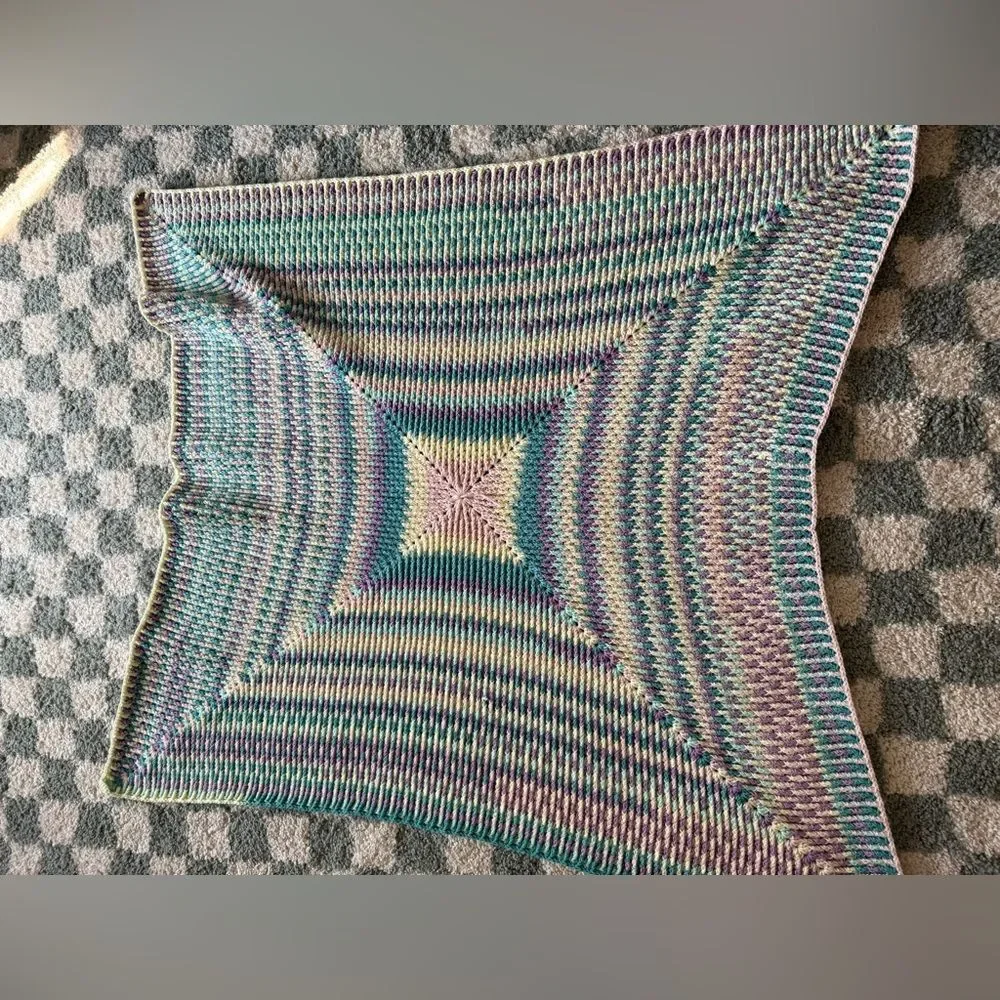 VTG 70s Afghan Blanket Crochet Hippie Boho Multi Color Handmade Blue Pink Cream